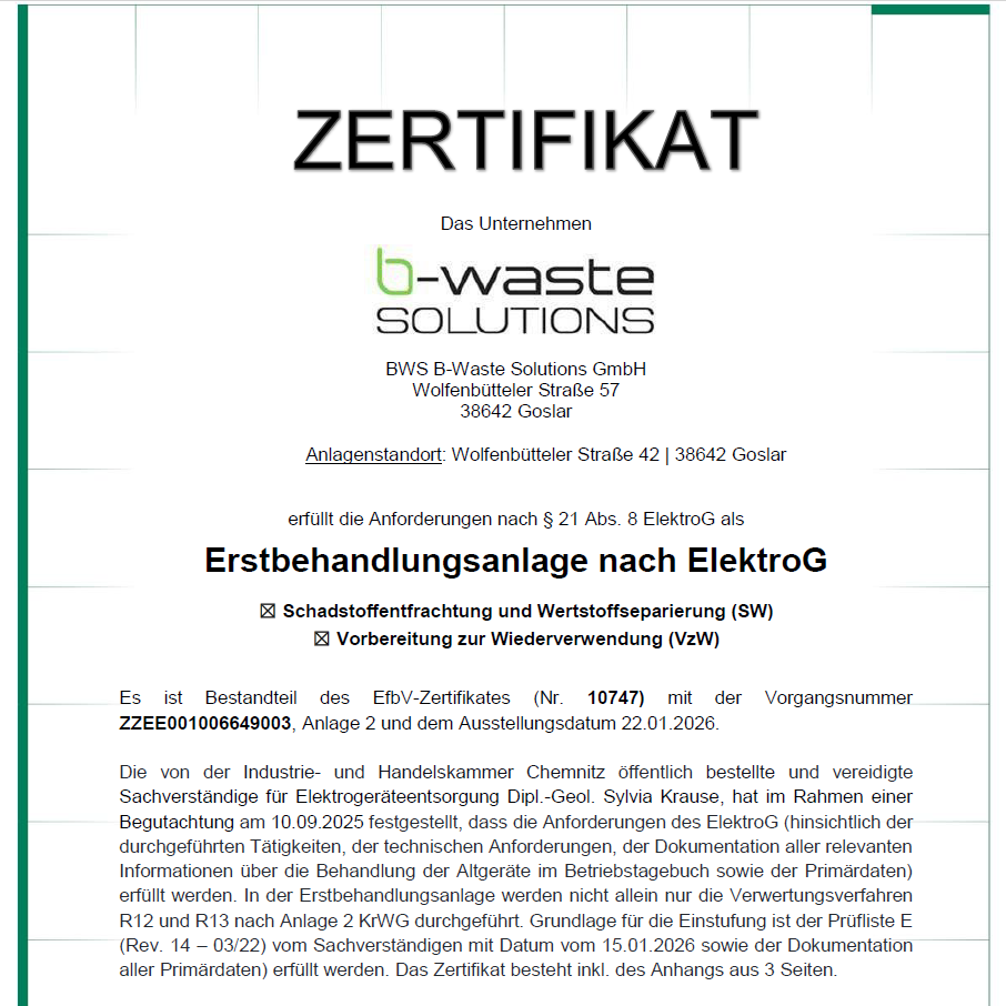 „Entsorgungsfachbetrieb“ gemäß § 56 des Kreislaufwirtschaftsgesetzes in Verbindung mit der Entsorgungsfachbetriebeverordnung